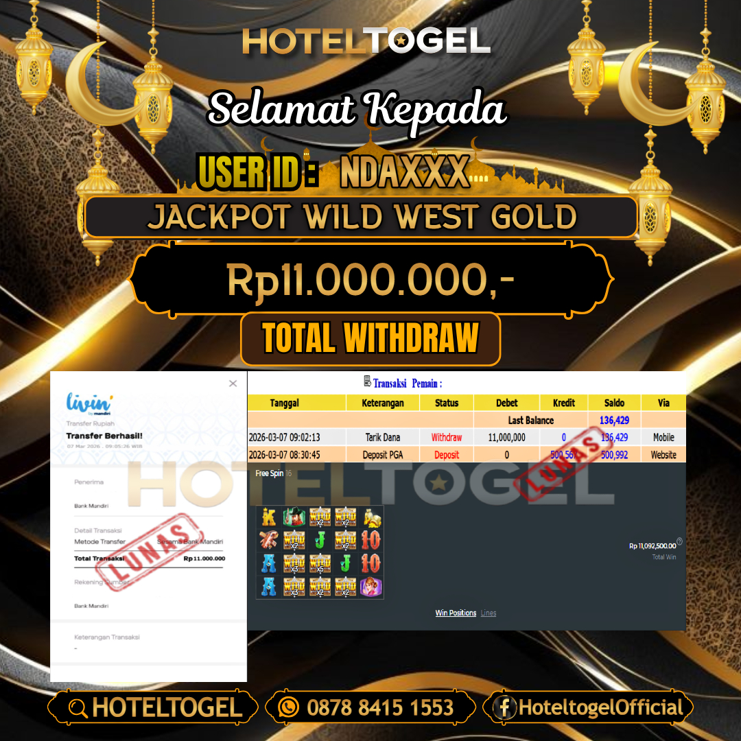 HOTELTOGEL JACKPOT SLOT WILD WEST GOLD Rp.11.000.000 - LUNAS USER ID : NDA***