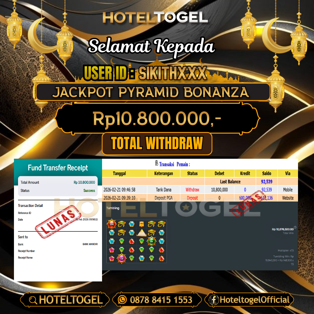 HOTELTOGEL JACKPOT SLOT PYRAMID BONANZA Rp.10.800.000 - LUNAS USER ID : SIKITH***