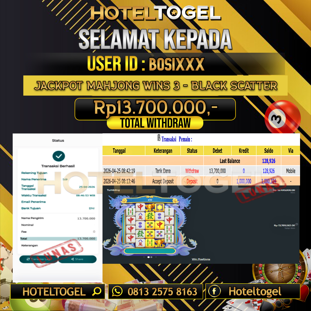 HOTELTOGEL JACKPOT SLOT MAHJONG WINS 3 - BLACK SCATTER Rp.13.700.000 - LUNAS USER ID :  BOSI***