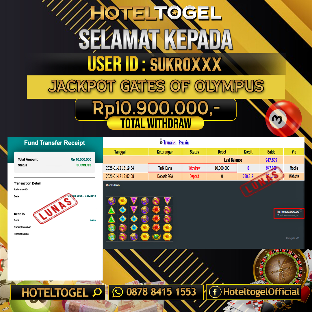HOTELTOGEL JACKPOT SLOT GATES OF OLYMPUS Rp.10.900.000 - LUNAS USER ID : SUKRO****