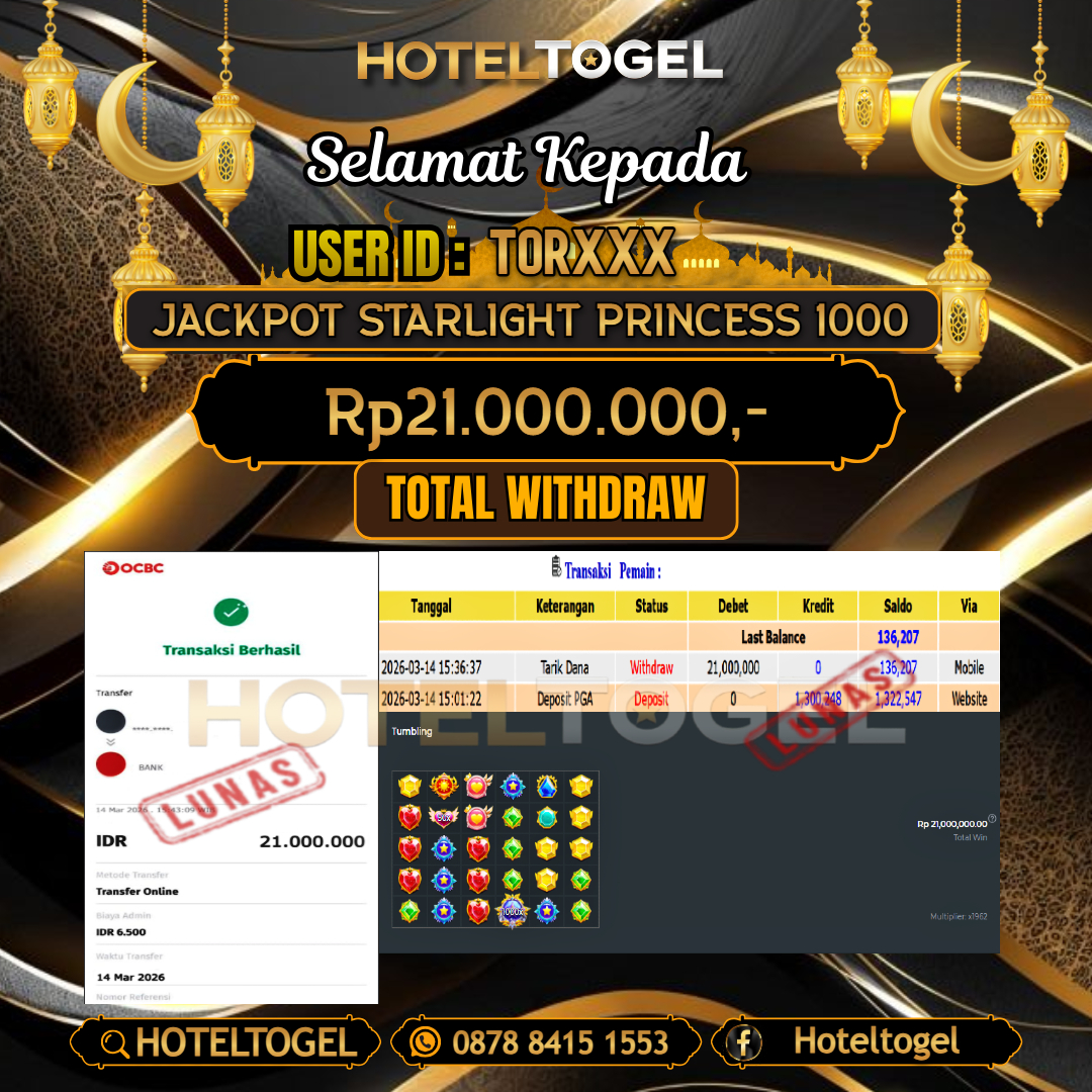 HOTELTOGEL JACKPOT SLOT STARLIGHT PRINCESS 1000 Rp.21.000.000 - LUNAS USER ID : TOR***