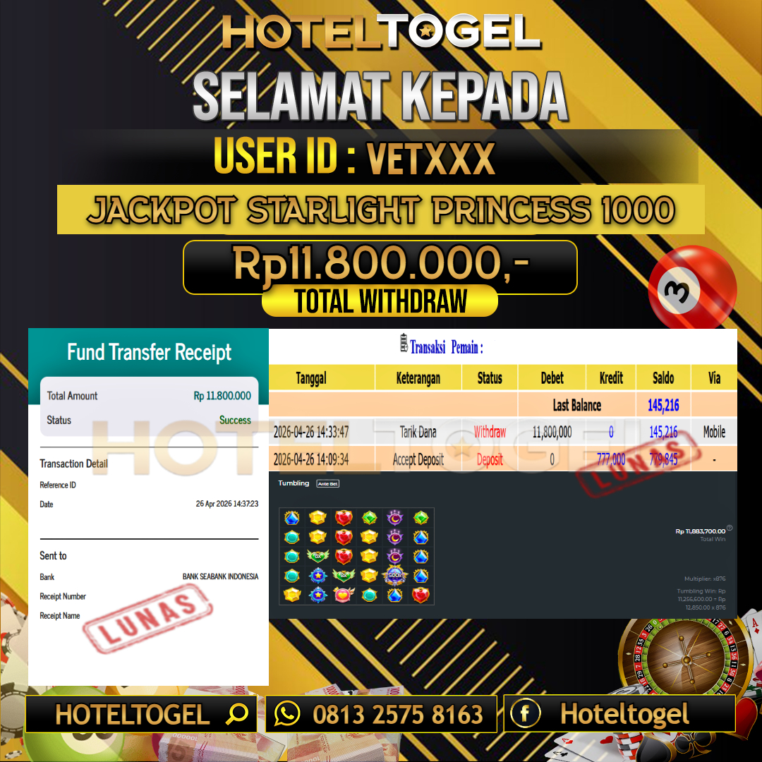 HOTELTOGEL JACKPOT SLOT STARLIGHT PRINCESS 1000 Rp.11.800.000 - LUNAS USER ID : VET***
