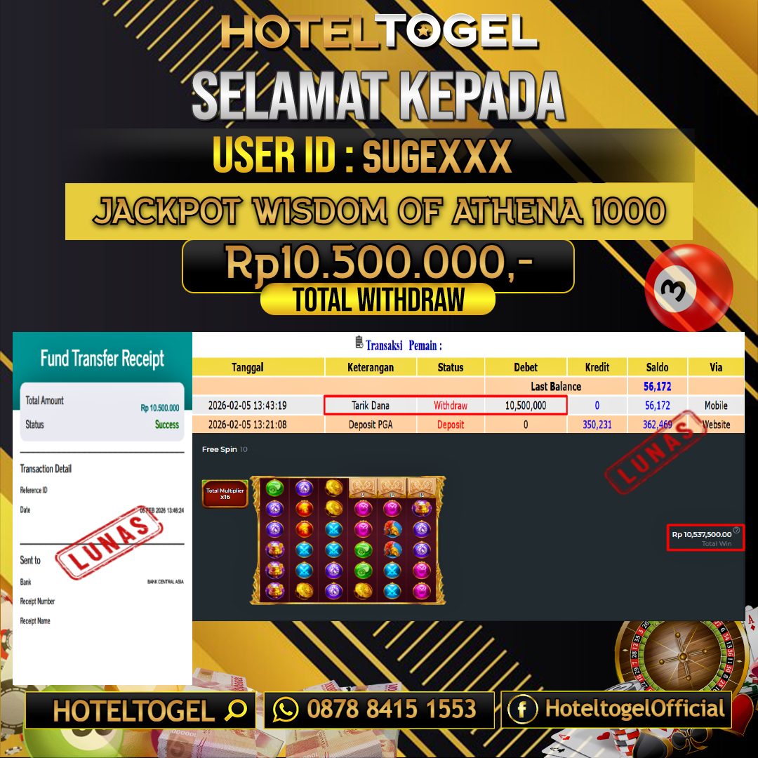 HOTELTOGEL JACKPOT SLOT WISDOM OF ATHENA 1000 Rp.10.500.000 - LUNAS USER ID : SUGE***