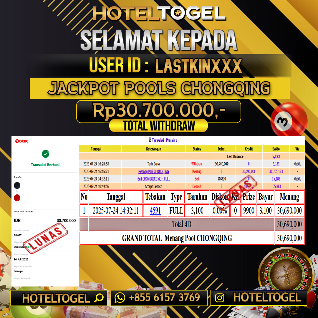 HOTELTOGEL JACKPOT TOGEL CHONGQING Rp.30.700.000 - LUNAS USER ID : LASTKIN****