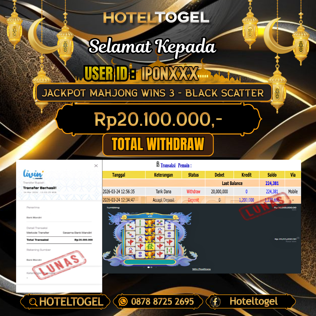 HOTELTOGEL JACKPOT SLOT MAHJONG WINS 3 - BLACK SCATTER Rp.20.100.000 - LUNAS USER ID :  IPON***
