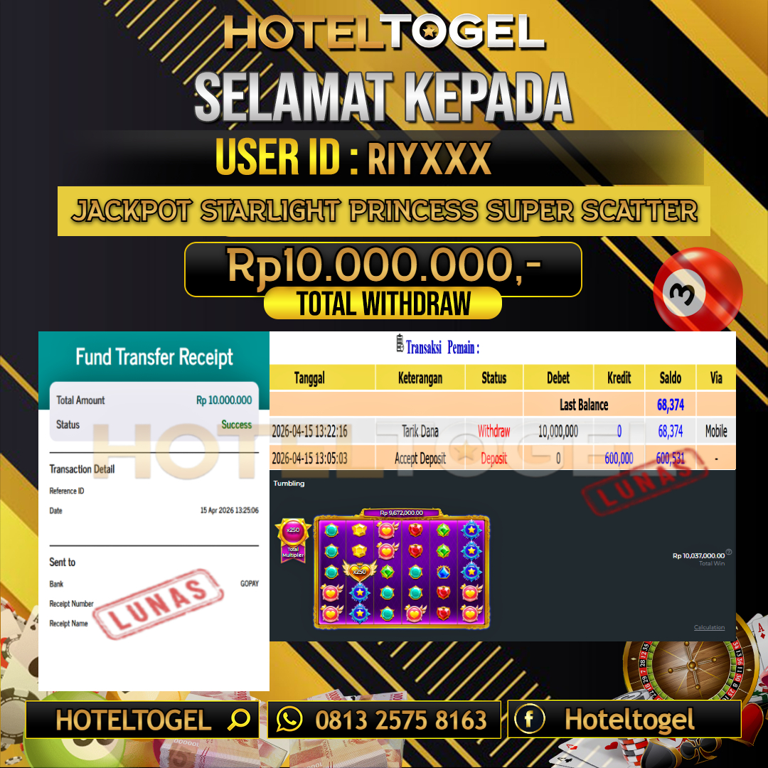 HOTELTOGEL JACKPOT SLOT STARLIGHT PRINCESS SUPER SCATTER Rp.10.000.000 - LUNAS USER ID : RIY***
