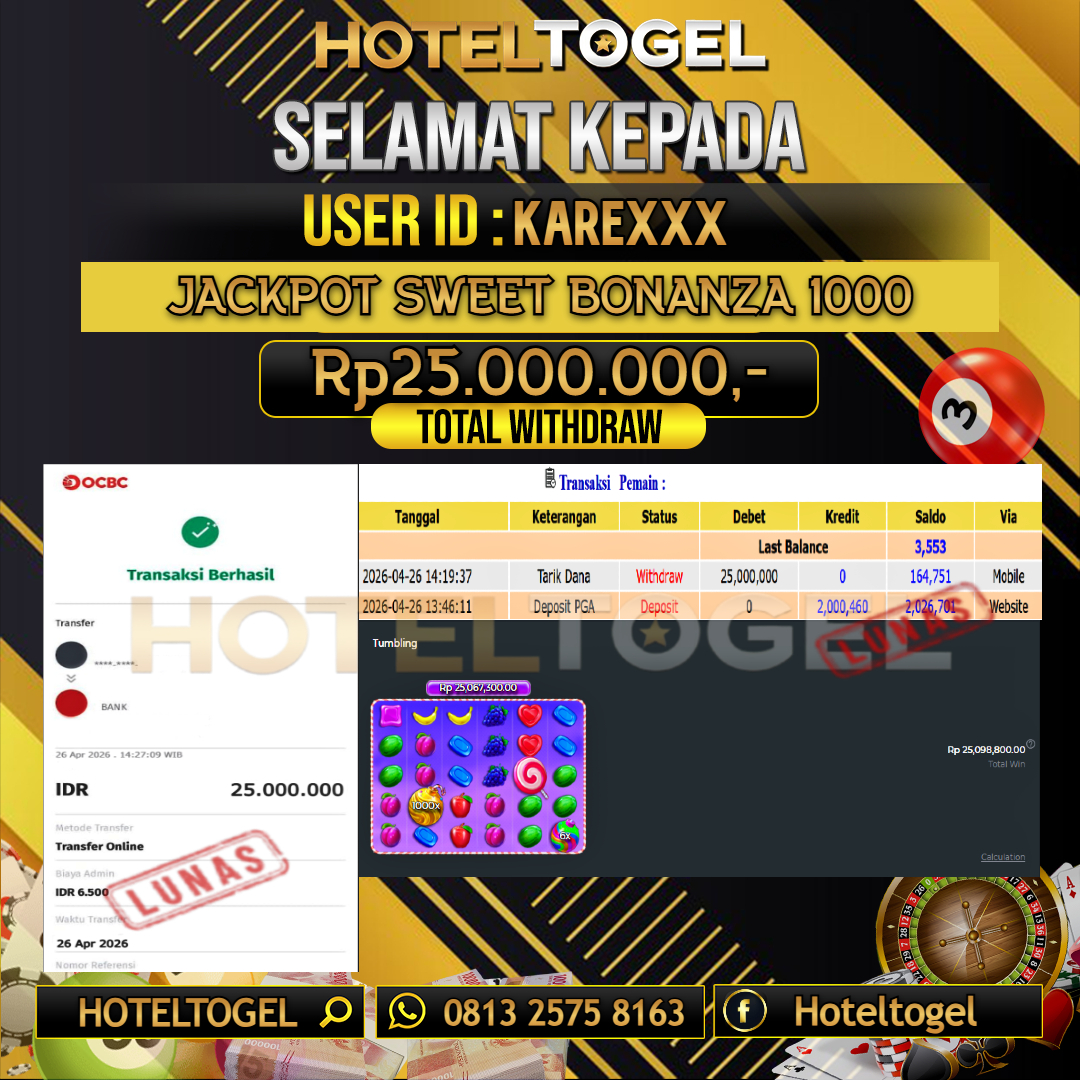 HOTELTOGEL JACKPOT SWEET BONANZA 1000 Rp.25.000.000 - LUNAS USER ID :  KARE***