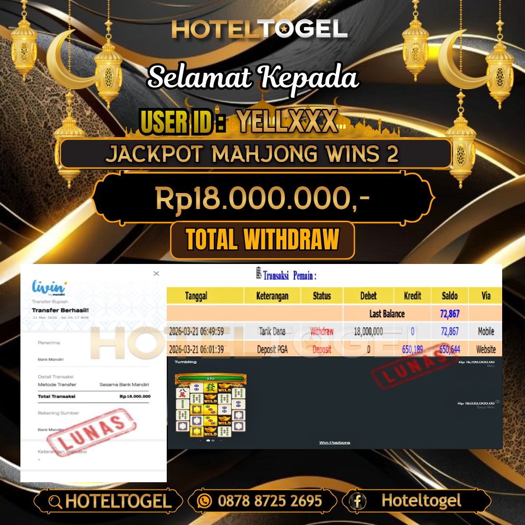 HOTELTOGEL JACKPOT SLOT MAHJONG WINS 2 Rp.18.000.000 - LUNAS USER ID :  YELL***