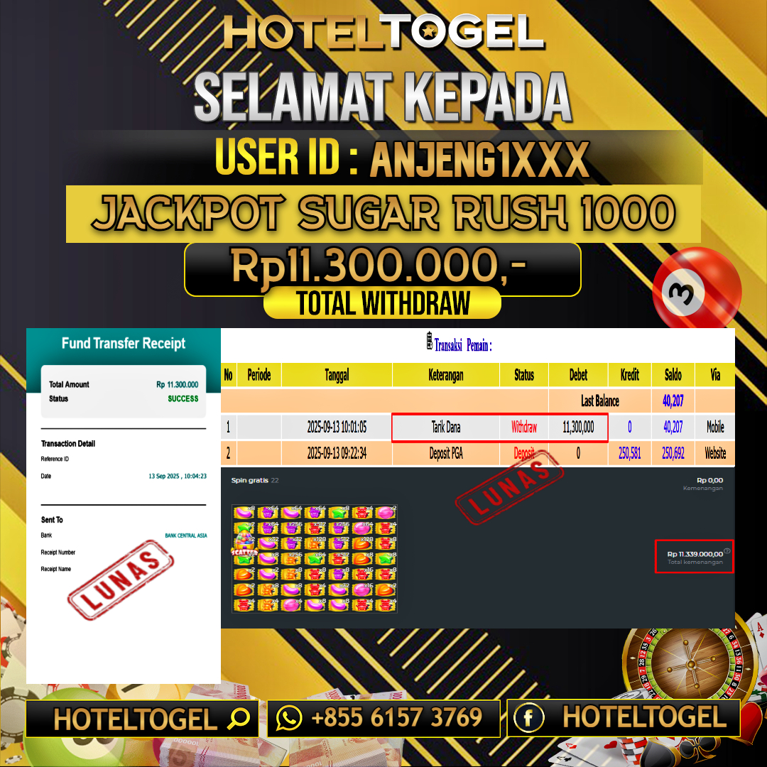 HOTELTOGEL JACKPOT SLOT SUGAR RUSH 1000 Rp.11.300.000 - LUNAS USER ID: ANJENG1***