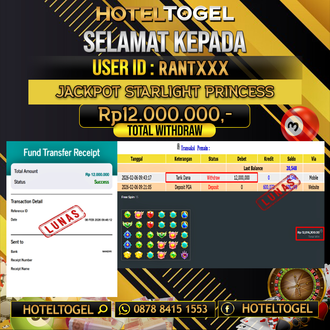 HOTELTOGEL JACKPOT SLOT STARLIGHT PRINCESS Rp.12.000.000 - LUNAS USER ID :  RANT***