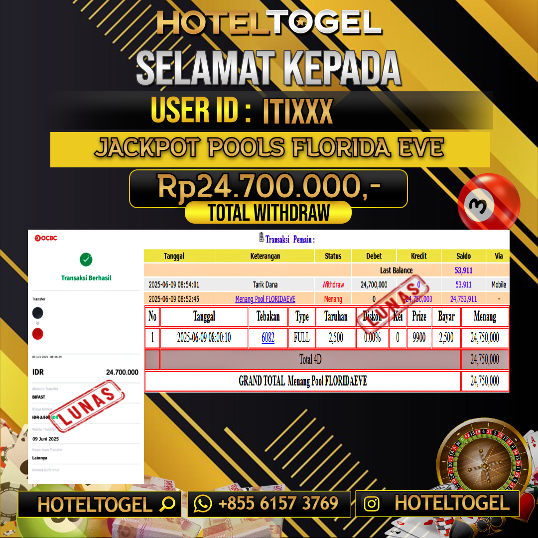 HOTELTOGEL JACKPOT TOGEL FLORIDA EVE Rp.24.700.000 - LUNAS USER ID : ITI****