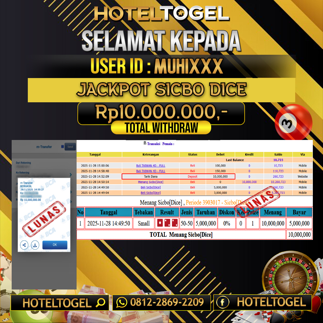 HOTELTOGEL JACKPOT CASINO SICBO DICE Rp.10.000.000 - LUNAS USER ID : MUHI***