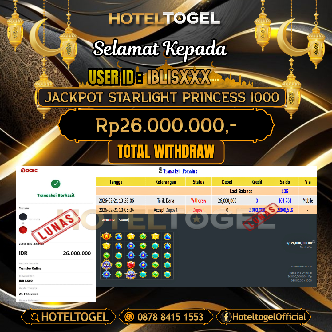 HOTELTOGEL JACKPOT SLOT STARLIGHT PRINCESS 1000 Rp.26.000.000 - LUNAS USER ID : IBLIS***