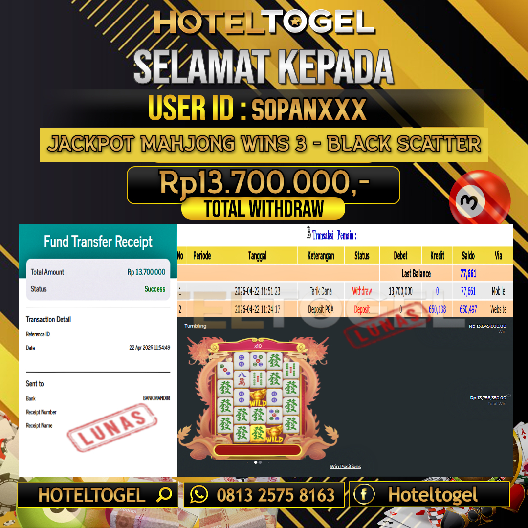 HOTELTOGEL JACKPOT SLOT MAHJONG WINS 3 - BLACK SCATTER Rp.13.700.000 - LUNAS USER ID : SOPAN***
