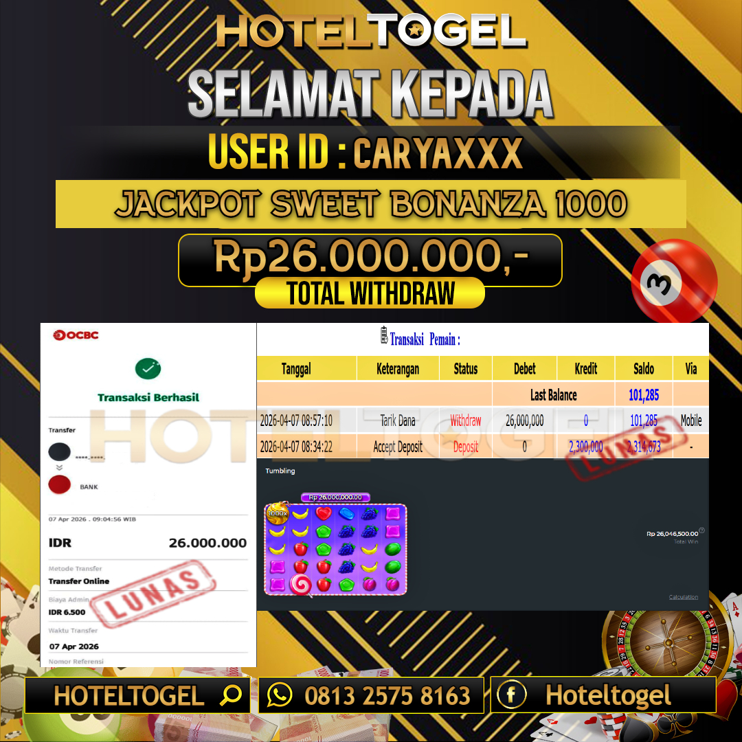 HOTELTOGEL JACKPOT SLOT SWEET BONANZA 1000 Rp.26.000.000 - LUNAS USER ID : CARYA***