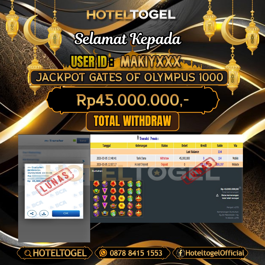 HOTELTOGEL JACKPOT SLOT GATES OF OLYMPUS 1000 Rp.45.000.000 - LUNAS USER ID : MAKIY***