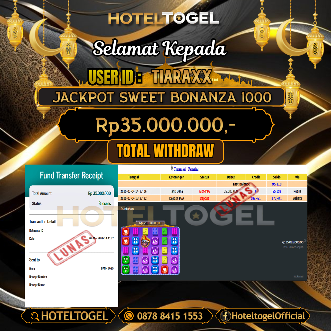 HOTELTOGEL JACKPOT SLOT SWEET BONANZA 1000 Rp.35.000.000 - LUNAS USER ID :  TIARA***