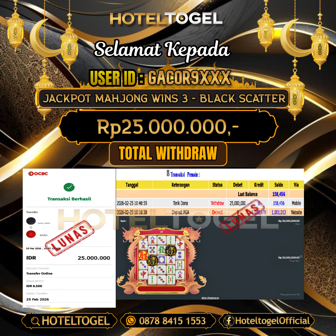 HOTELTOGEL JACKPOT SLOT MAHJONG WINS 3 - BLACK SCATTER Rp.25.000.000 - LUNAS USER ID :  GACOR9***