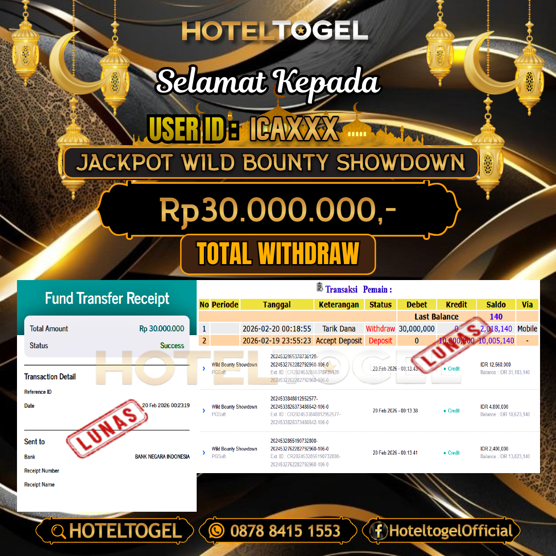 HOTELTOGEL JACKPOT SLOT WILD BOUNTY SHOWDOWN Rp.30.000.000 - LUNAS USER ID : ICA***