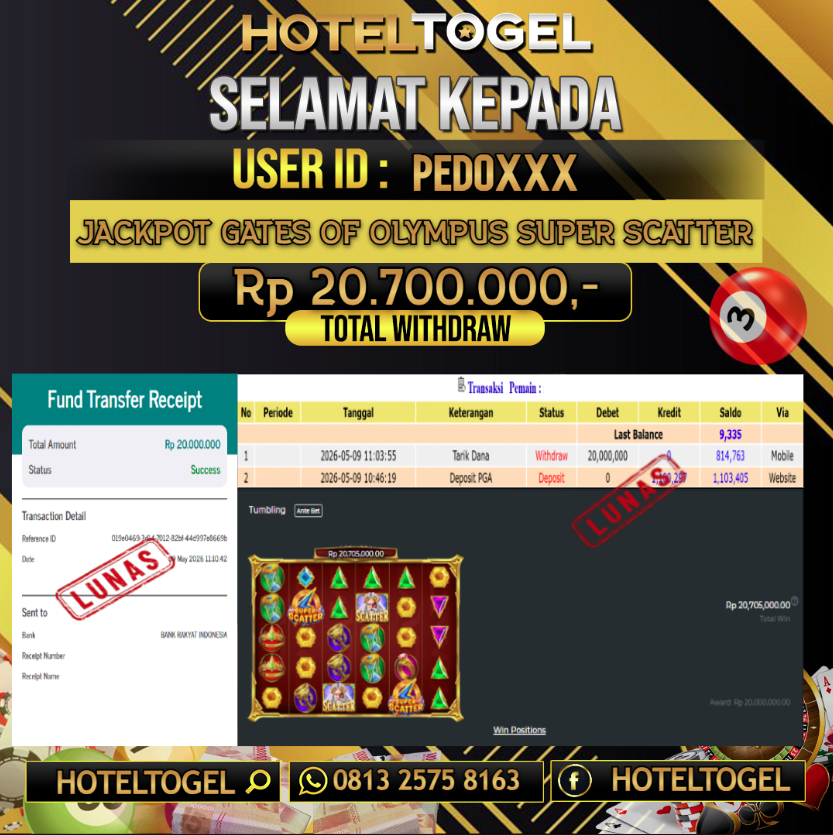 HOTELTOGEL JACKPOT SLOT GATES OF OLYMPUS SUPER SCATTER Rp.20.700.000 - LUNAS USER ID  : PEDO****