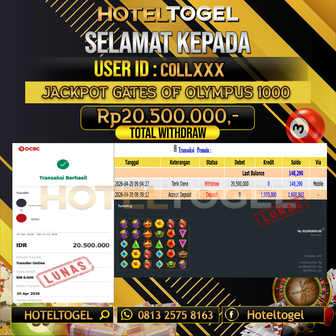 HOTELTOGEL JACKPOT SLOT GATES OF OLYMPUS 1000 Rp.20.500.000 - LUNAS USER ID : COLL***