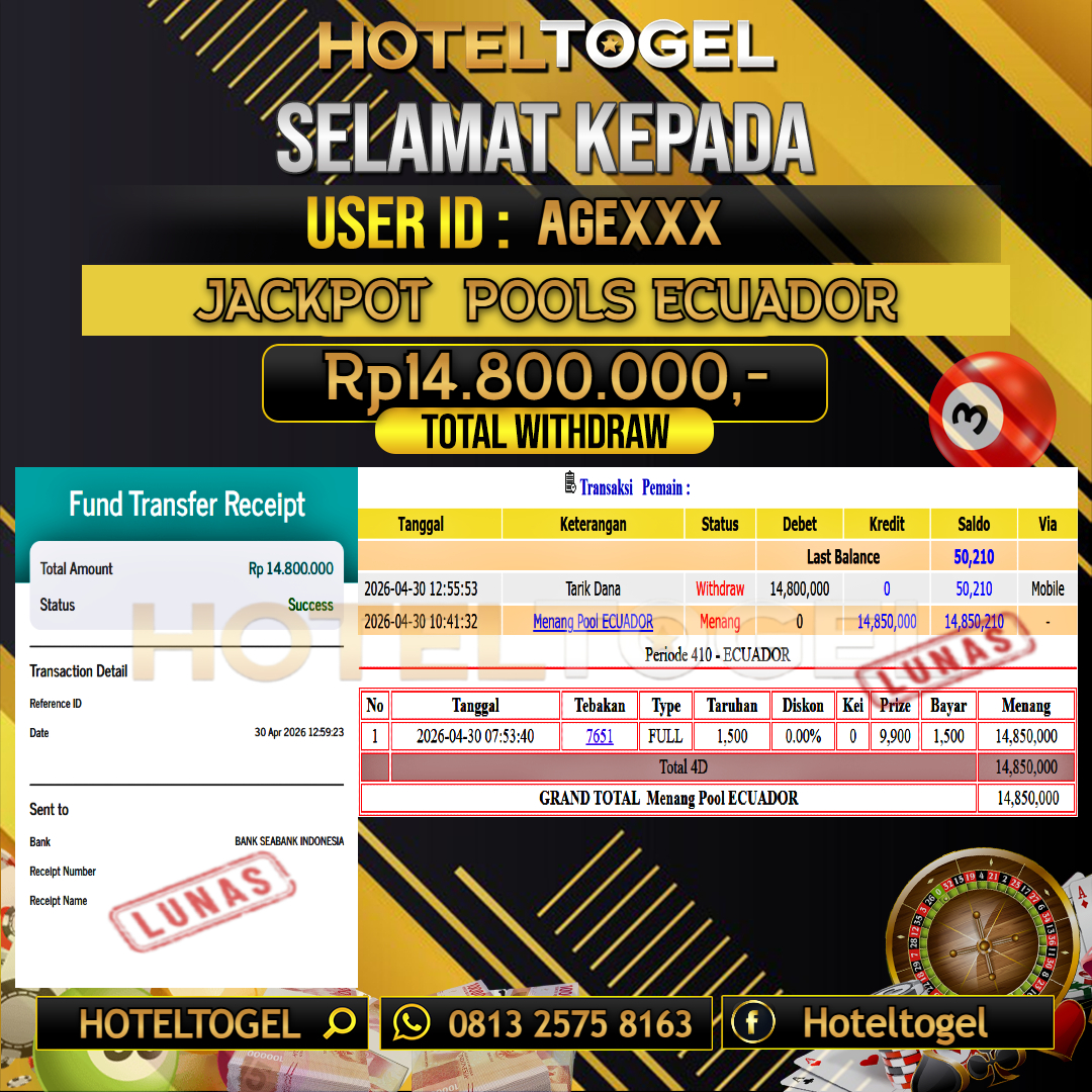 HOTELTOGEL JACKPOT TOGEL ECUADOR Rp.14.800.000 - LUNAS USER ID : AGE***