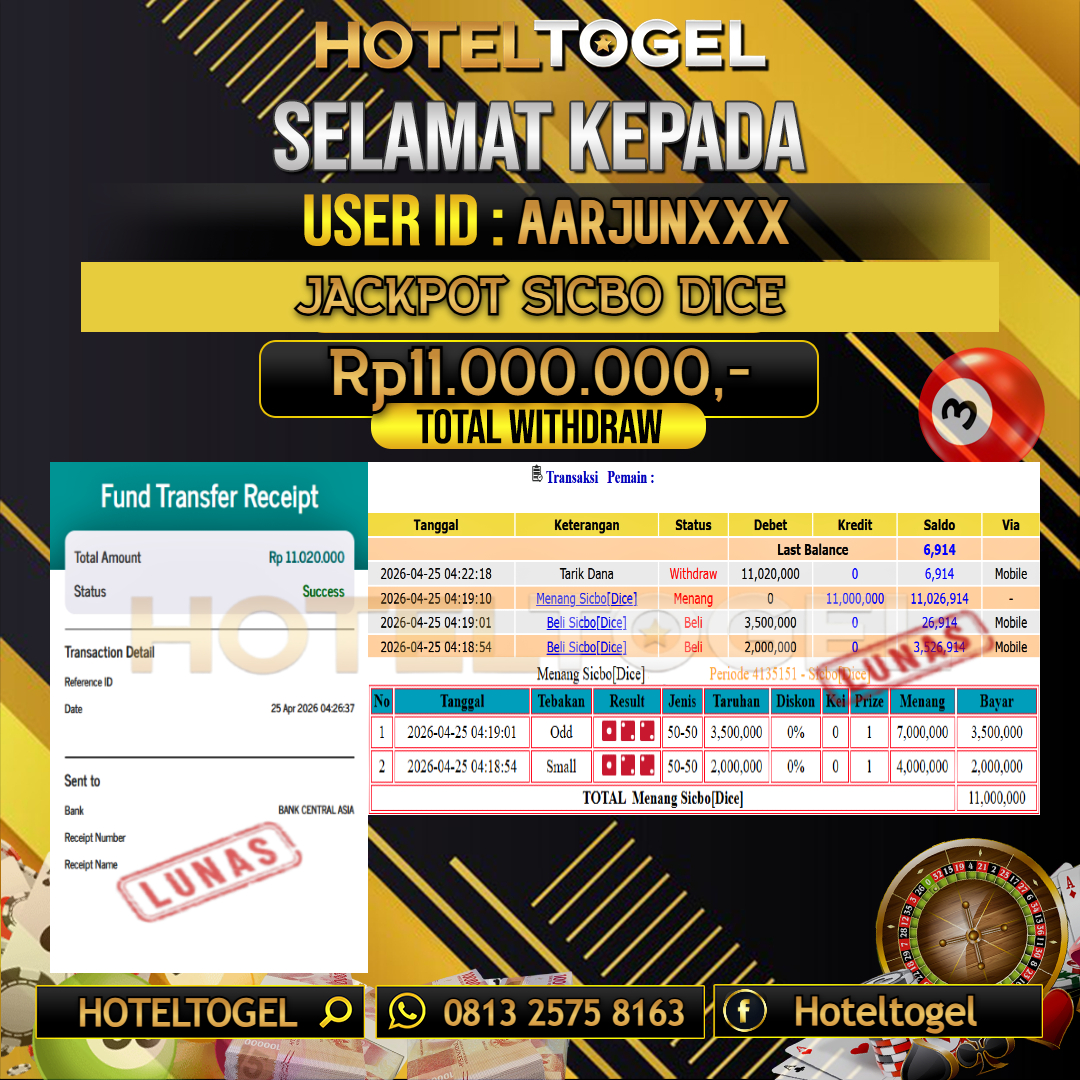 HOTELTOGEL JACKPOT CASINO SICBO DICE Rp.11.000.000 - LUNAS USER ID : AARJUN***