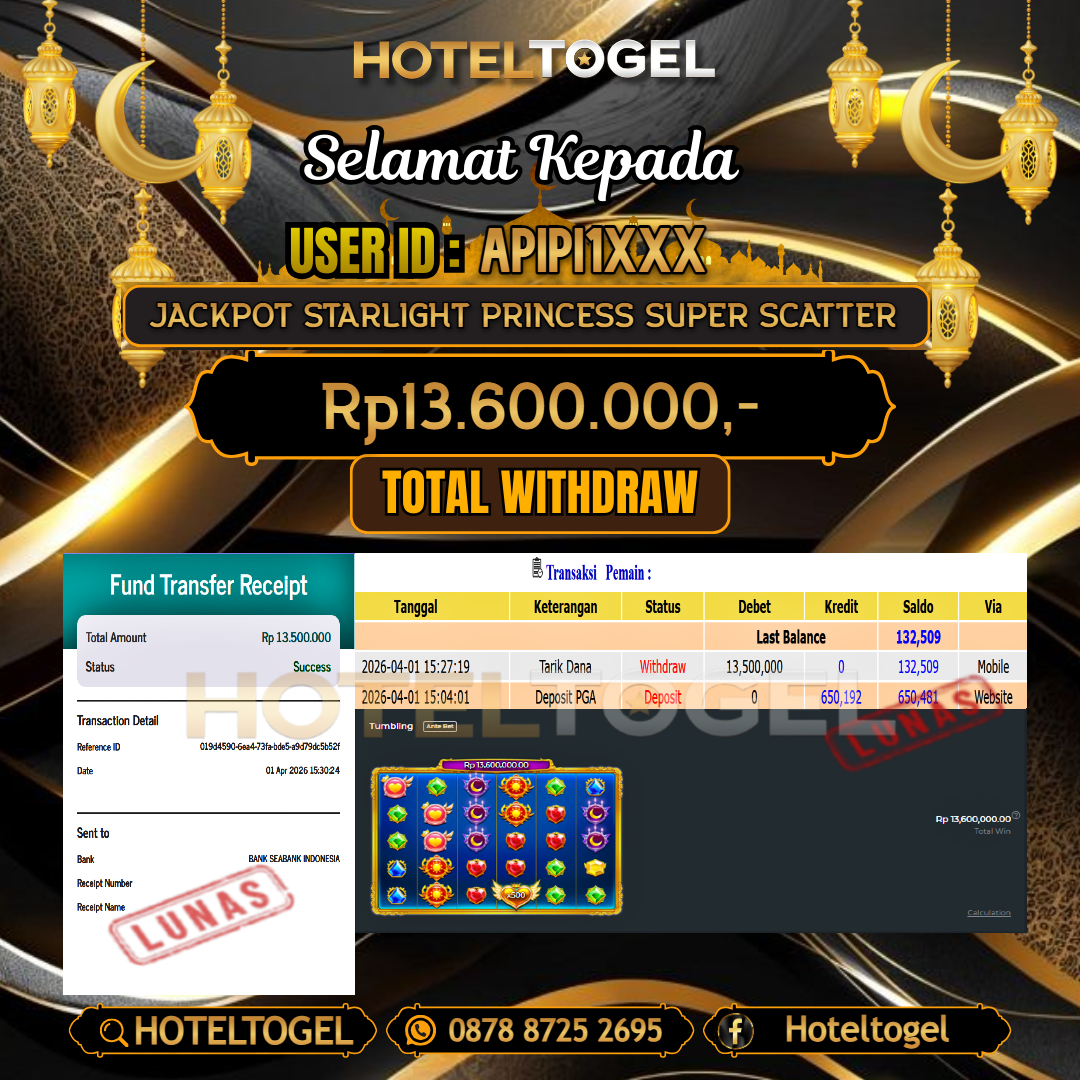 HOTELTOGEL JACKPOT SLOT STARLIGHT PRINCESS SUPER SCATTER Rp.13.600.000 - LUNAS USER ID : APIPI1***