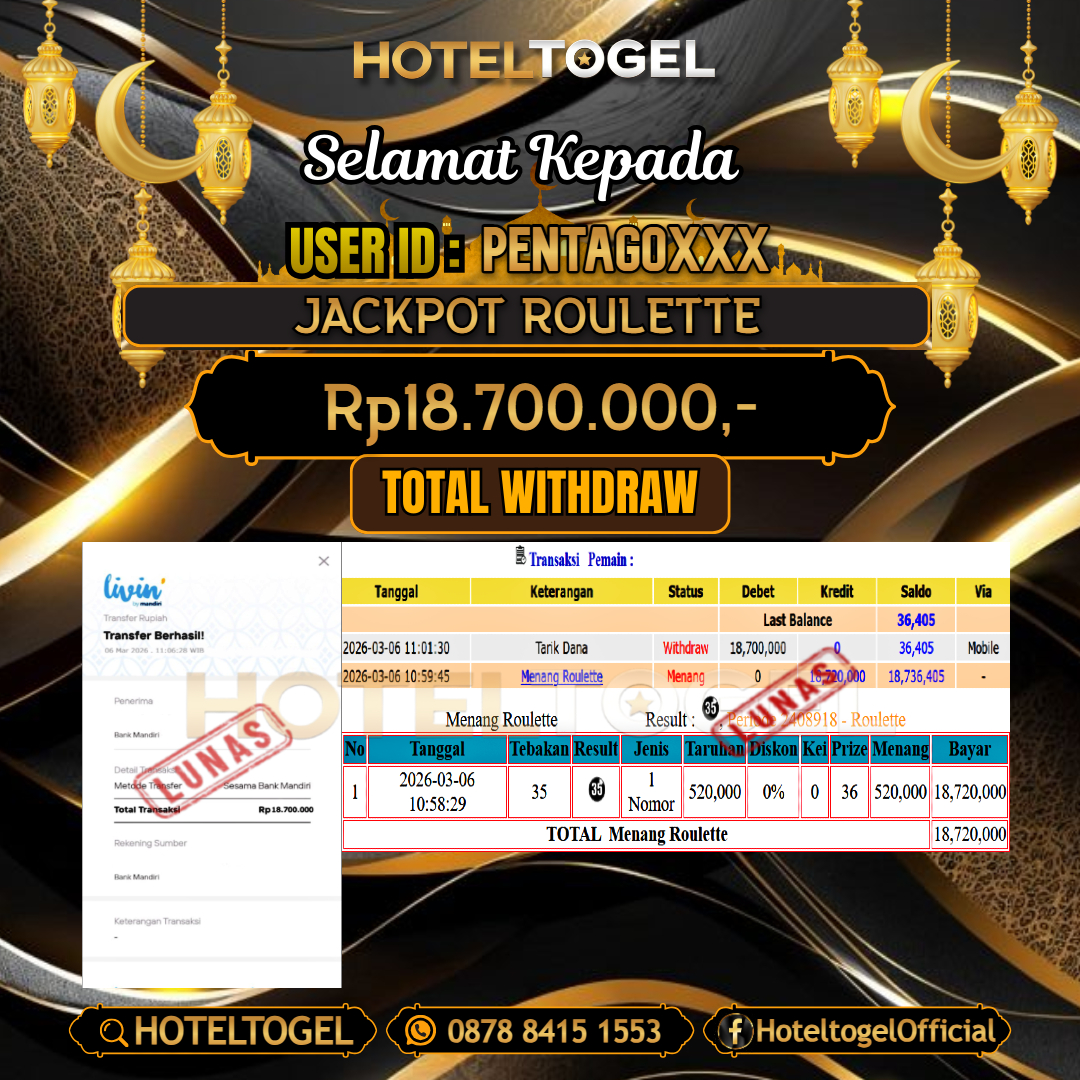 HOTELTOGEL JACKPOT CASINO ROULETTE Rp.18.700.000 - LUNAS USER ID : PENTAGO***