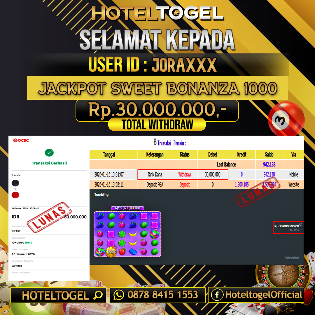 HOTELTOGEL JACKPOT SLOT SWEET BONANZA 1000 Rp.30.000.000 - LUNAS USER ID : JORA****