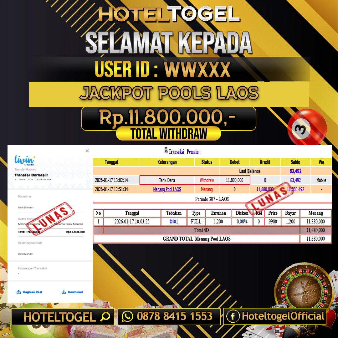 HOTELTOGEL JACKPOT TOGEL LAOS Rp.11.800.000 - LUNAS USER ID : WW****