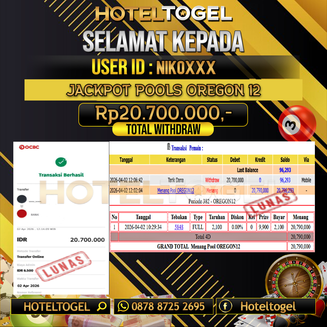 HOTELTOGEL JACKPOT TOGEL OREGON 12 Rp.20.700.000 - LUNAS USER ID : NIKO***