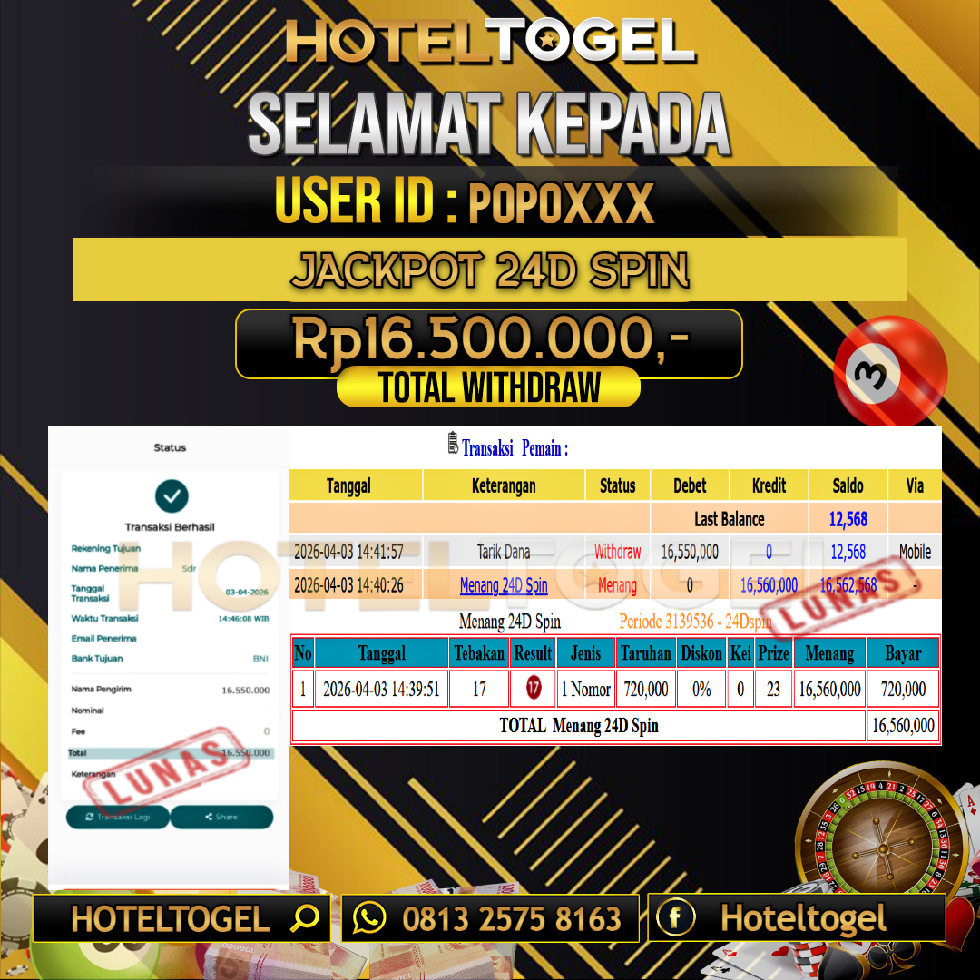 HOTELTOGEL JACKPOT CASINO 24D SPIN Rp.16.500.000 - LUNAS USER ID : POPO***