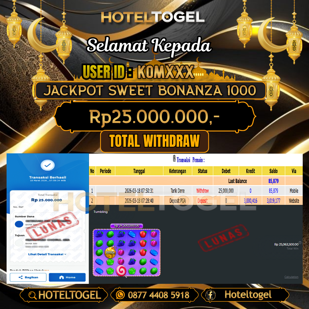 HOTELTOGEL JACKPOT SLOT SWEET BONANZA 1000 Rp.25.000.000 - LUNAS USER ID : KOM***
