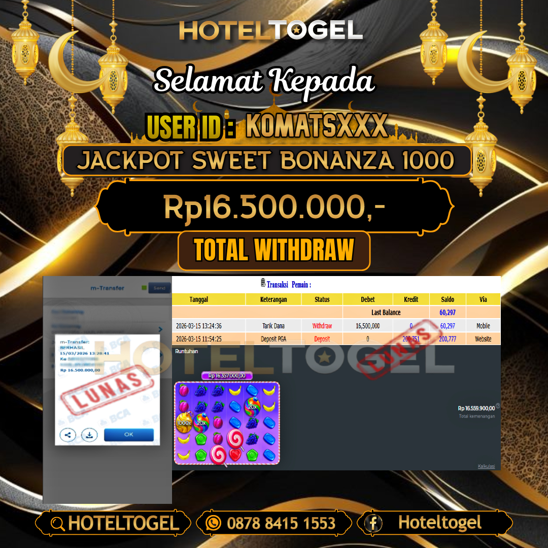 HOTELTOGEL JACKPOT SLOT SWEET BONANZA 1000 Rp.16.500.000 - LUNAS USER ID : KOMATS***