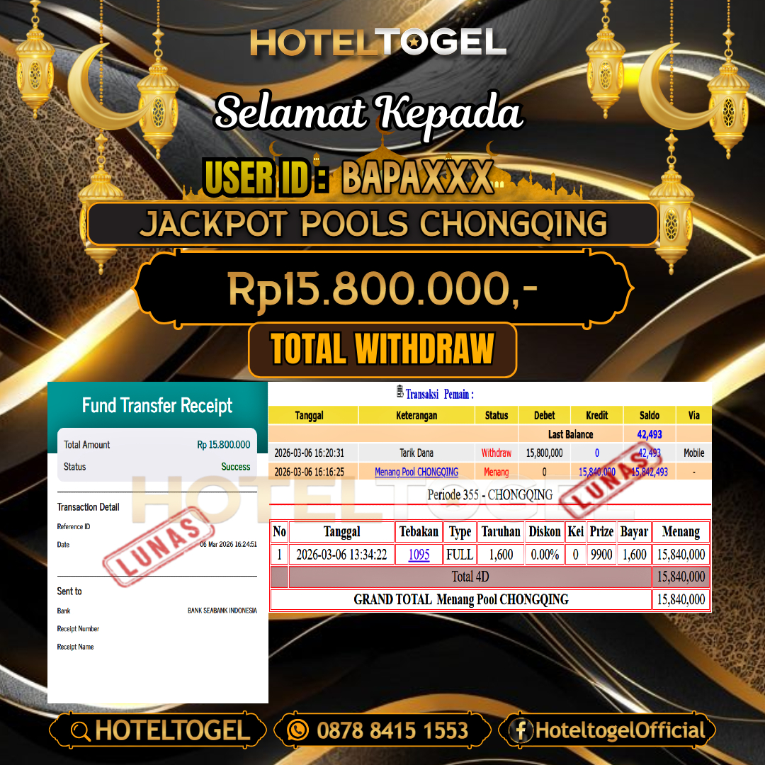 HOTELTOGEL JACKPOT TOGEL CHONGQING Rp.15.800.000 - LUNAS USER ID : BAPA***