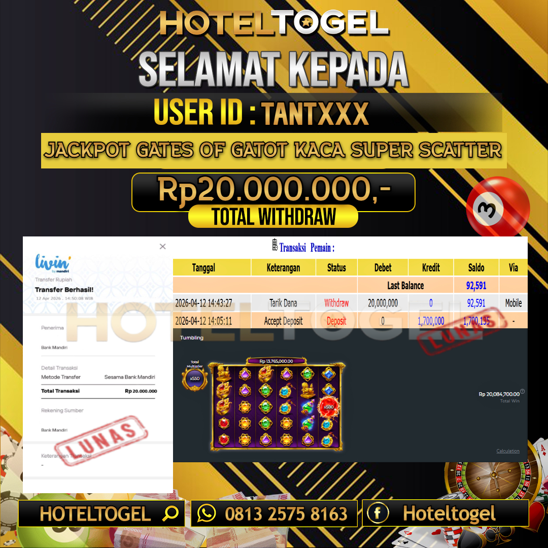 HOTELTOGEL JACKPOT SLOT GATES OF GATOT KACA SUPER SCATTER Rp.20.000.000 - LUNAS USER ID : TANT***