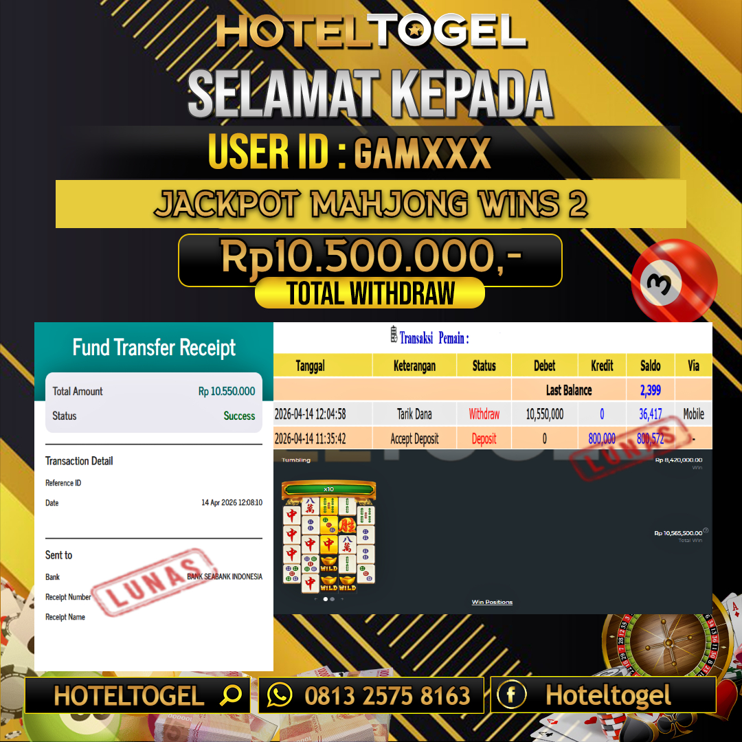 HOTELTOGEL JACKPOT SLOT MAHJONG WINS 2 Rp.10.500.000 - LUNAS USER ID : GAM***