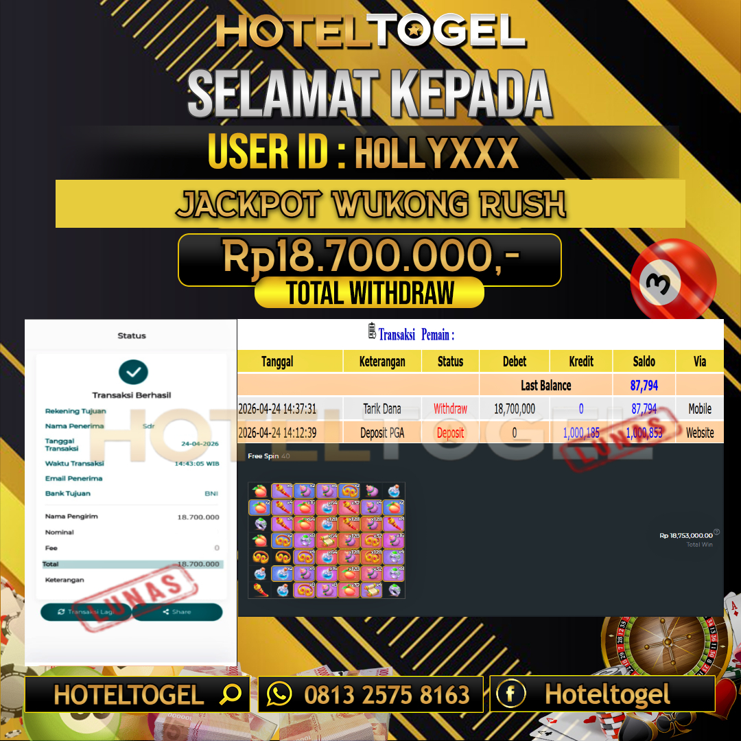 HOTELTOGEL JACKPOT SLOT WUKONG RUSH Rp.18.700.000 - LUNAS USER ID : HOLLY***