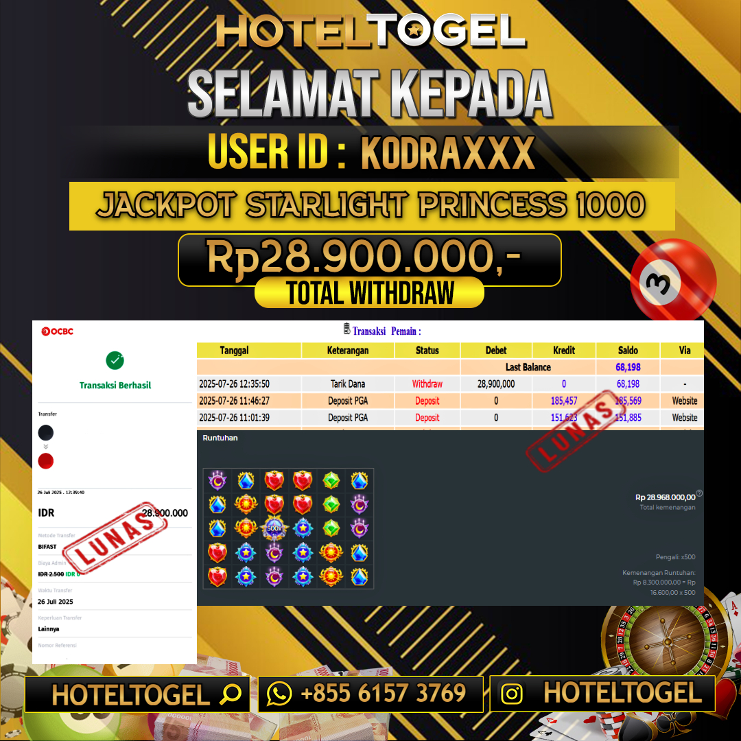 HOTELTOGEL JACKPOT SLOT STARLIGHT PRINCESS 1000 Rp.28.900.000 - LUNAS USER ID : KODRA****
