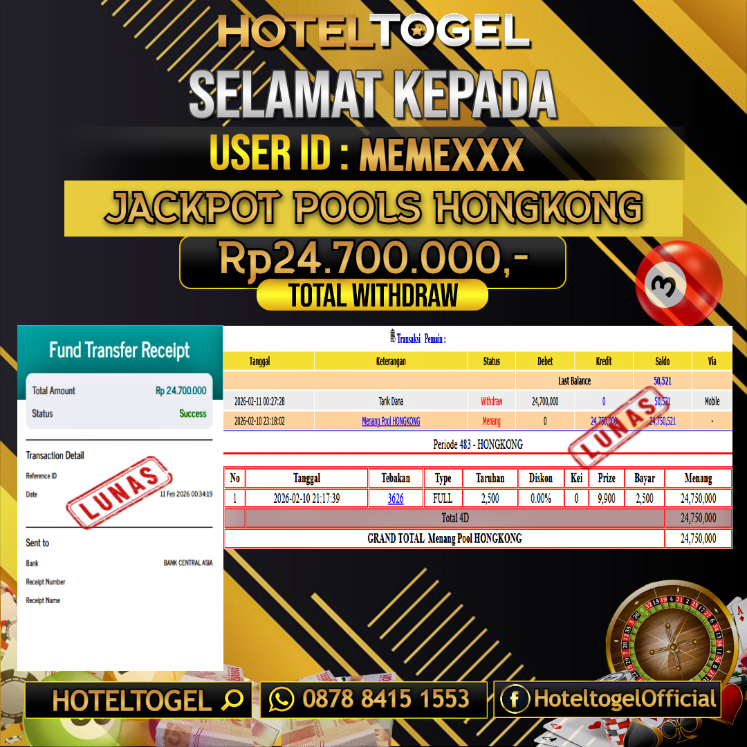 HOTELTOGEL JACKPOT TOGEL HONGKONG Rp.24.700.000 - LUNAS USER ID : MEME***
