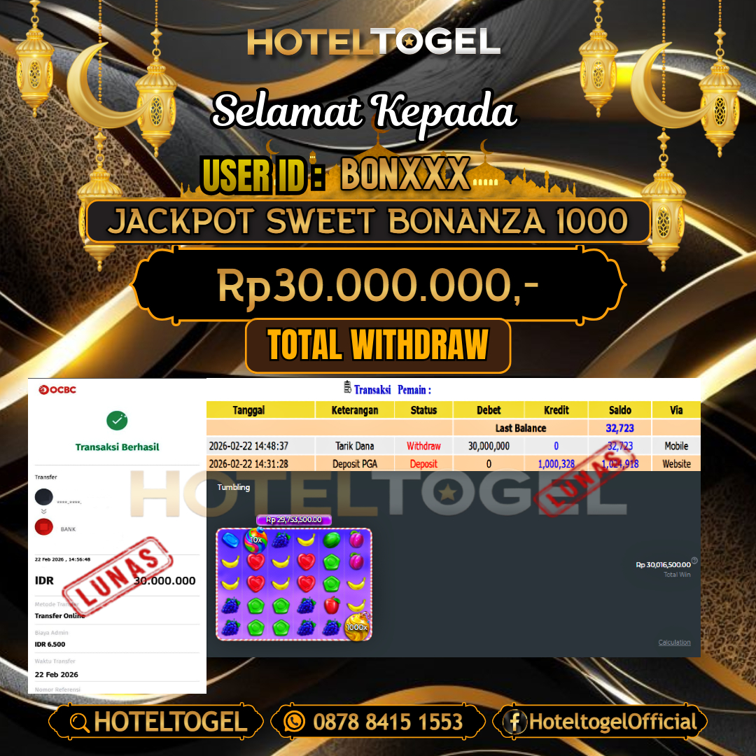 HOTELTOGEL JACKPOT SLOT SWEET BONANZA 1000 Rp.30.000.000 - LUNAS USER ID : BON***