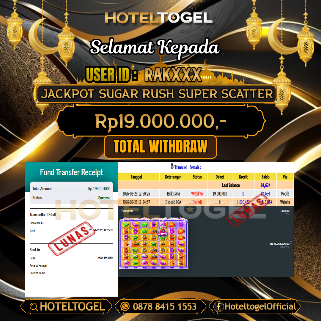 HOTELTOGEL JACKPOT SLOT SUGAR RUSH SUPER SCATTER Rp.19.000.000 - LUNAS USER ID : RAK***