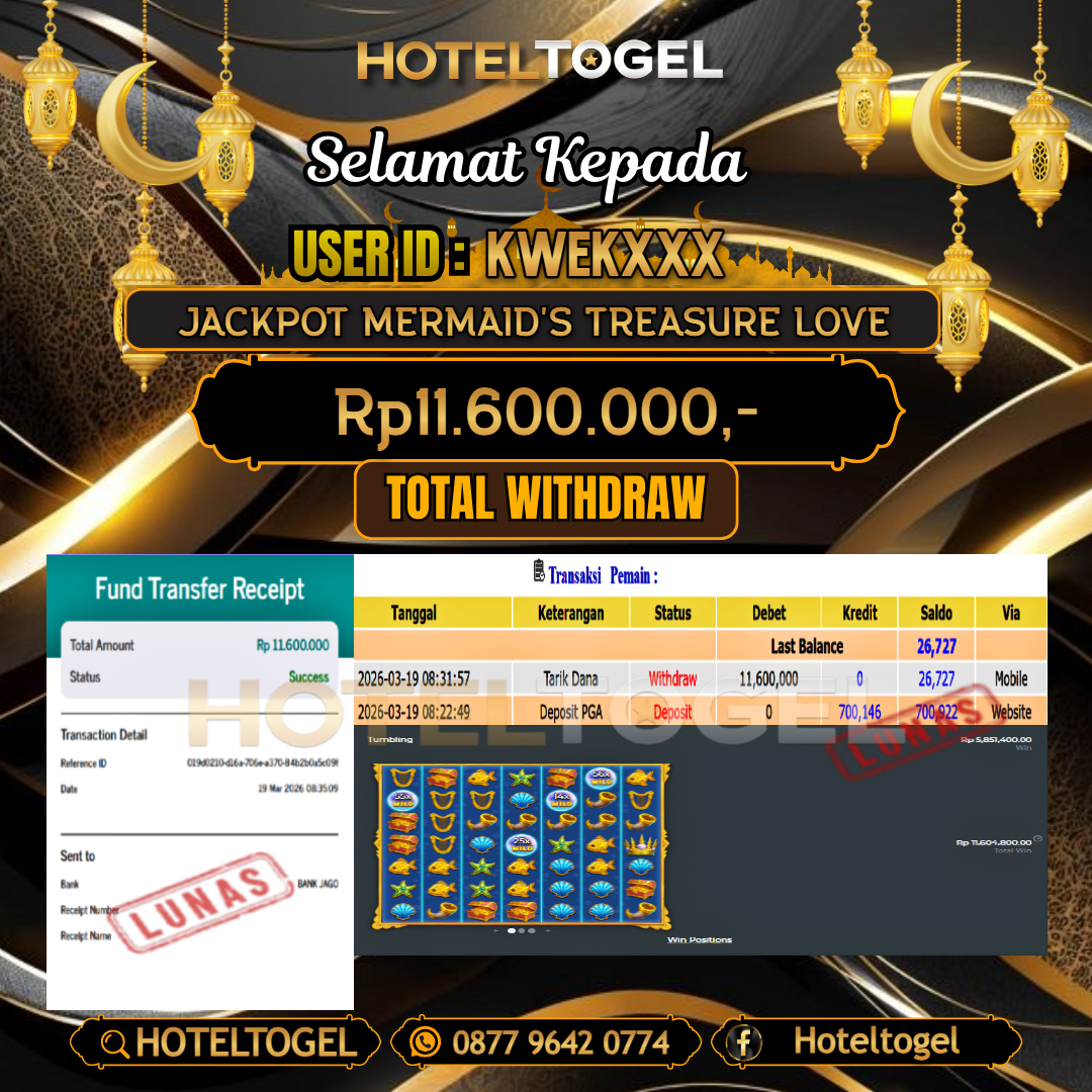 HOTELTOGEL JACKPOT SLOT MERMAID'S TREASURE LOVE Rp.11.600.000 - LUNAS USER ID : KWEK***