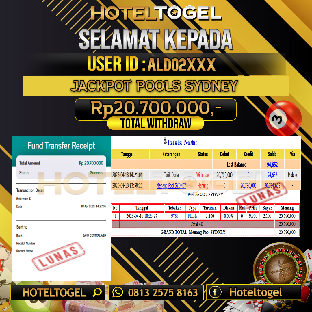 HOTELTOGEL JACKPOT TOGEL SYDNEY Rp.20.700.000 - LUNAS USER ID : ALDO2***