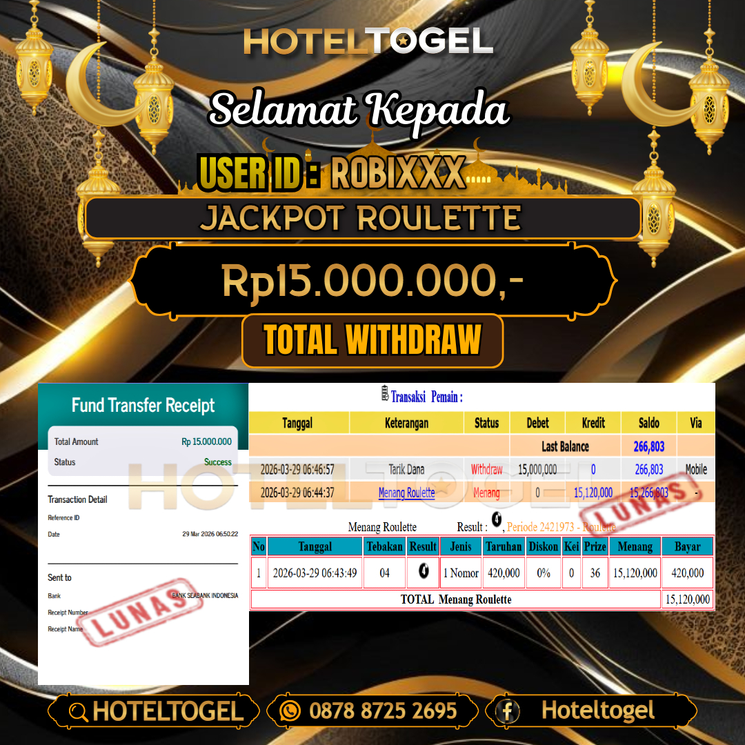 HOTELTOGEL JACKPOT CASINO ROULETTE Rp.15.000.000 - LUNAS USER ID : ROBI***