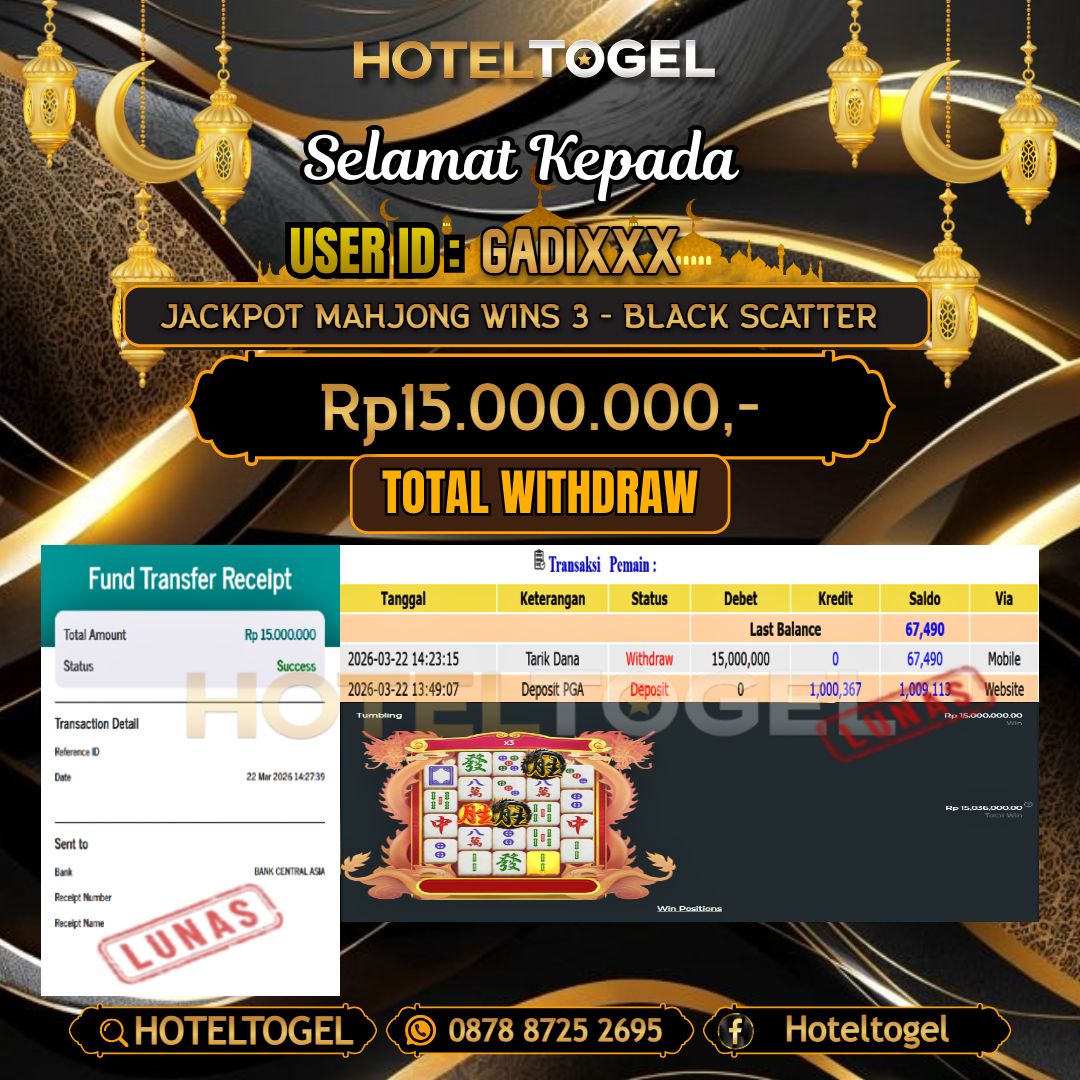 HOTELTOGEL JACKPOT SLOT MAHJONG WINS 3 - BLACK SCATTER Rp.15.000.000 - LUNAS USER ID : GADI***