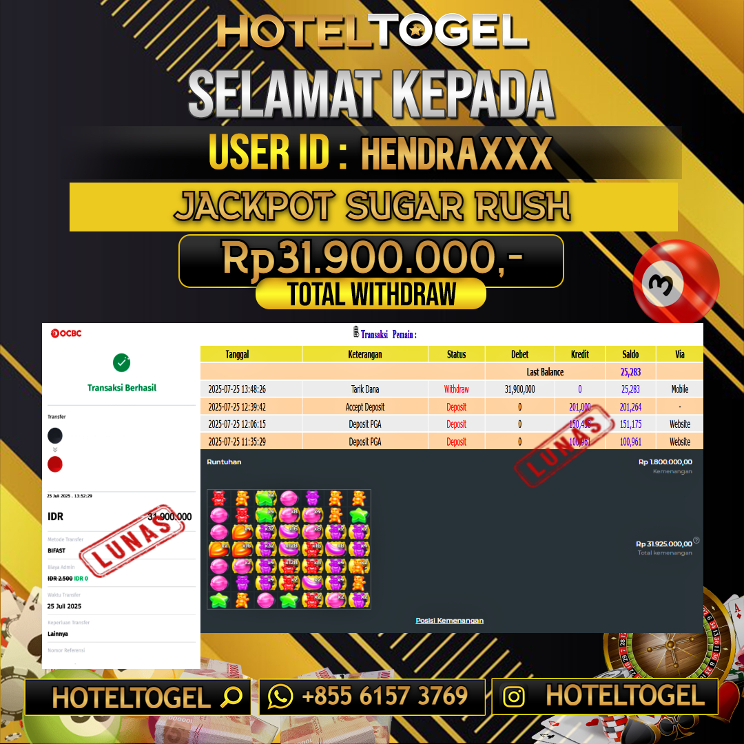 HOTELTOGEL JACKPOT SLOT SUGAR RUSH Rp.31.900.000 - LUNAS USER ID : HENDRA****