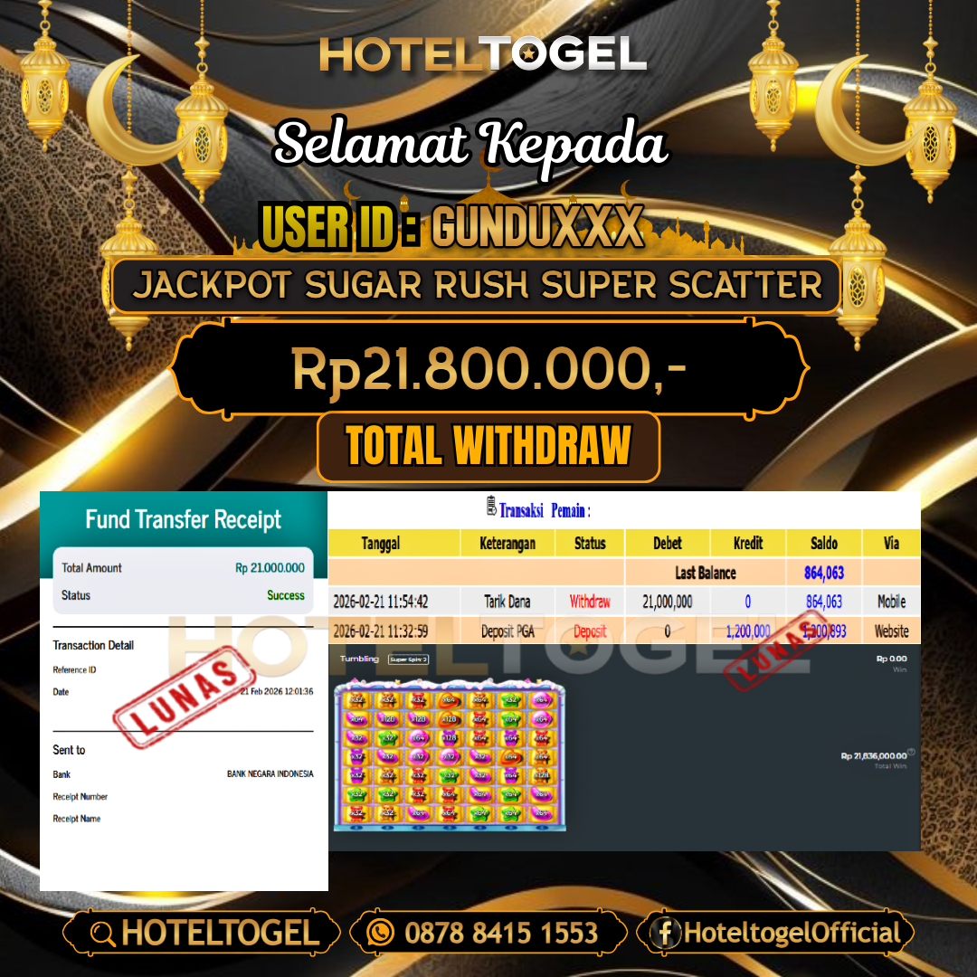 HOTELTOGEL JACKPOT SLOT SUGAR RUSH SUPER SCATTER Rp.21.800.000 - LUNAS USER ID : GUNDU***