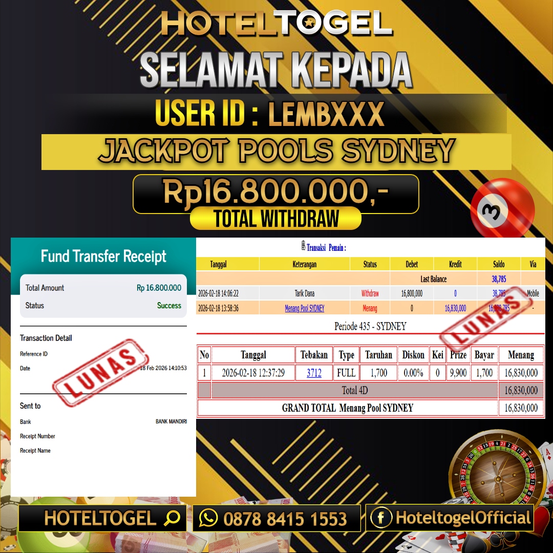 HOTELTOGEL JACKPOT TOGEL SYDNEY Rp.16.800.000 - LUNAS USER ID : LEMB***